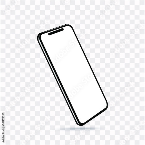 Mobile phone is new and black. Vector smartphone mockup with perspective on transparent background.