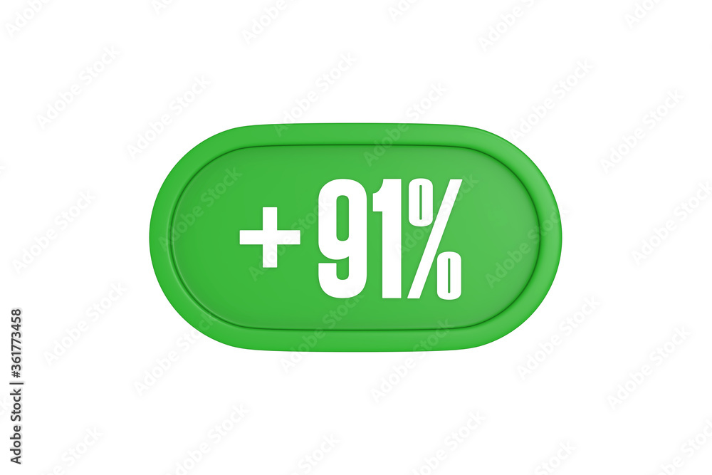 91 Percent increase 3d sign in green color isolated on white background, 3d illustration. 91 Percent increase 3d sign in green color isolated on white background, 3d illustration.