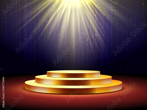 Golden podium. Empty gold pedestal for award ceremony, stage with spotlight illuminated platform for presentation, show event vector concept. Podium with dark curtains background, glowing light