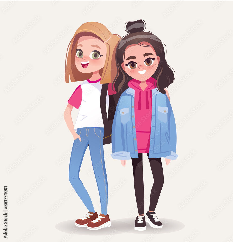 Two teenage girls stay close. Best friends hug. Posing looking to camera. Two teenage girls stay close. Best friends hug. Posing looking to camera.