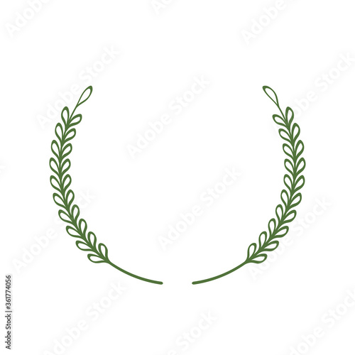 Laurel wreath of two green twigs pointing up. Laconic stylish frame, minimal style. A border of branches and leaves. Vector illustration. 
Open circle laurel wreath. Design template for logo, tag. 