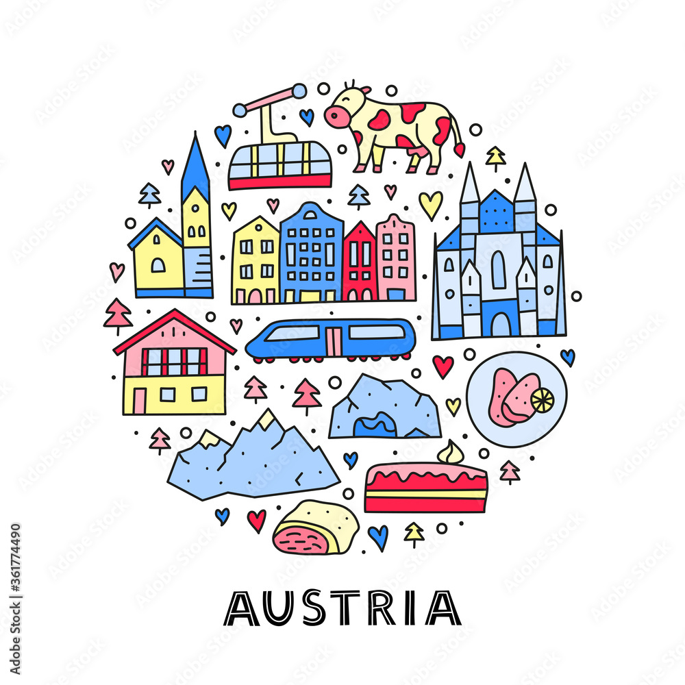 Doodle colored Austria icons including Vienna Cathedral, train, chalet house, church, Alpine mountains, cow, cave, flag, schnitzel, strudel, etc composed in circle shape.