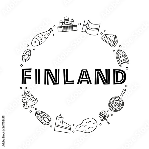 Doodle outline Finland icons including Helsinki Cathedral, deer, lake, cloudberry, Olaf's castle, pastry, meatballs, fish, flag, fir tree composed in circle shape.