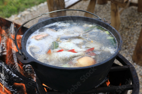 Cooking fish soup in cauldron