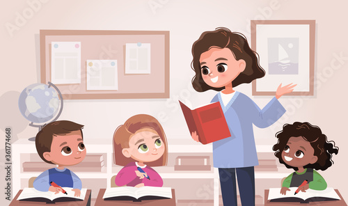 Classroom with pupils and teacher. Classroom interior. Children listen to teacher. Primary school kids. Illustration with kids and teacher in a classroom. Education illustration. Vector interior.
