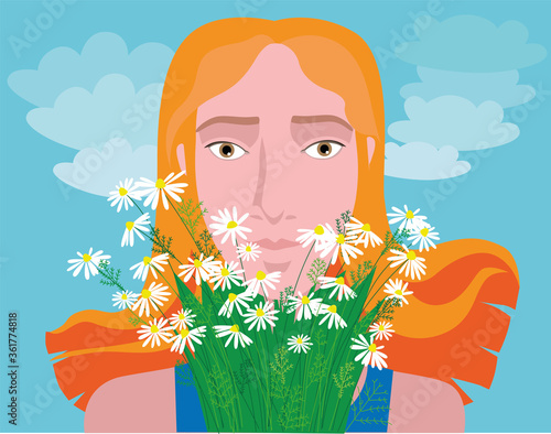 Young beautiful woman on a background of sky with a bouquet of daisies