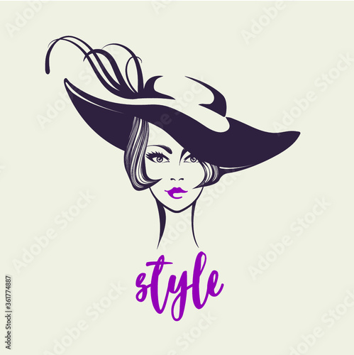 Beautiful woman with retro, wavy hairstyle and elegant makeup.Cute portrait.Fashion icon.Young lady wearing a stylish hat.Front view face silhouette.Decorative elements.