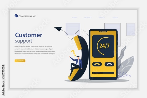 Illustration vector customer support concept with the giant phone. Illustration of support, help. Support or call center 24/7 concept. Suitable for landing page, web, flyer, and banner.