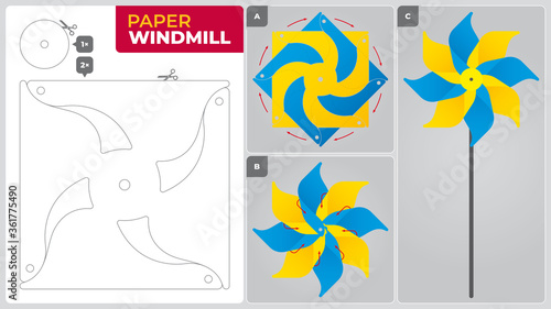 Vector tutorial. How to make a paper windmill for kids. Design for print.