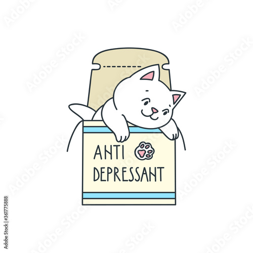 Antidepressant. Cute illustration of funny cat sitting in a medication box isolated on white background. Vector 8 EPS.