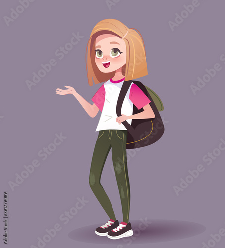 Stylish teenage girl in jeans with pink hair and backpack standing. Young school girl character. Isolated vector illustration on color background.