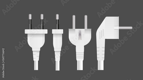 Set of Plugs for sockets in 3D. The plug for the outlet is insulated. Realistic vector.