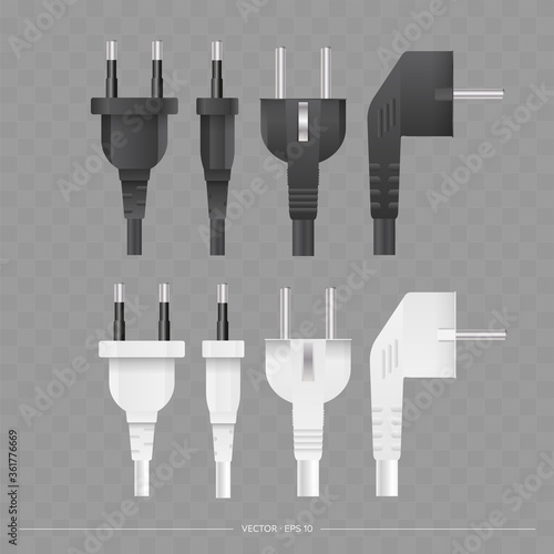 Set of Plugs for sockets in 3D. The plug for the outlet is insulated. Realistic vector.