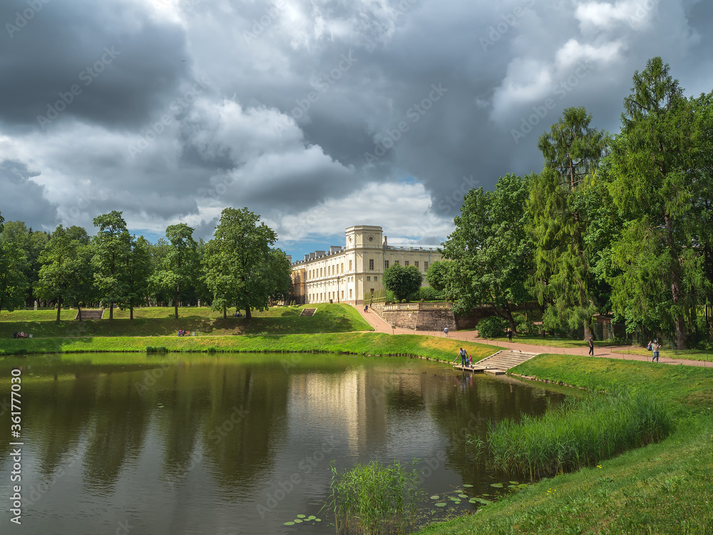 Bright summer landscape of the Park with a Large Gatchina Palace. Russia