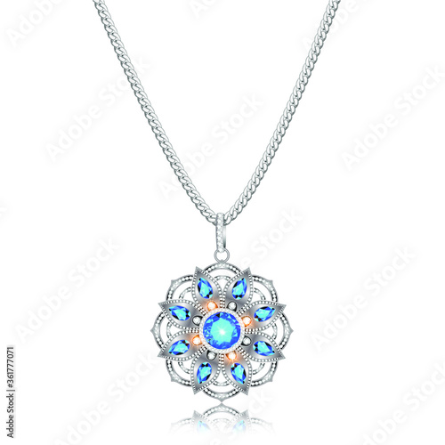 Illustration of a silver pendant on a chain with a precious stone with reflection.