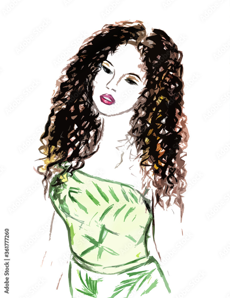 Fototapeta premium Figure of a girl in a green dress with long curly hair