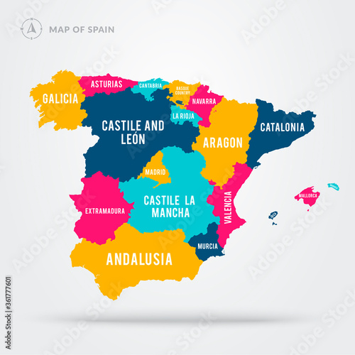 Vector Illustrartion Detailed Map Of Spain. Colorful Regions With Names.