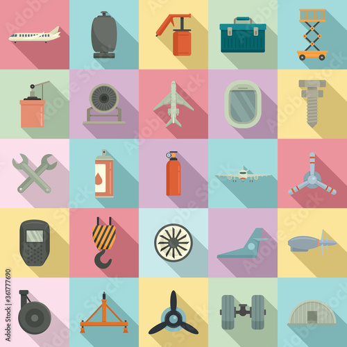 Aircraft repair icons set. Flat set of aircraft repair vector icons for web design