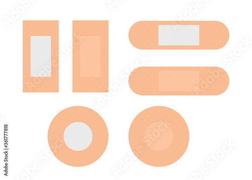Medical plaster, band aids. Elastic medical plasters. Dressing plasters, wound cross plastering band and bandage plasterers. Set aid bandages different forms, treatment aids. Vector illustration
