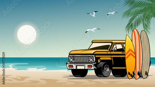 old classic suv car on the surf beach