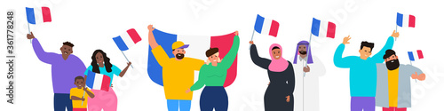 multiracial people holding french flags happy bastille day france independence  vector illustration on white background