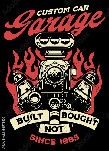 vintage shirt design of custome car garage with big muscle car engine