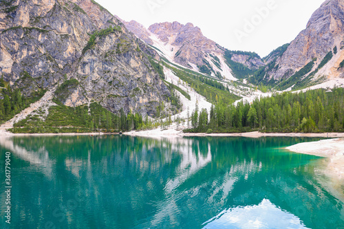 View of Lago di Braies. Dolomites mountains, Italy, Europe.