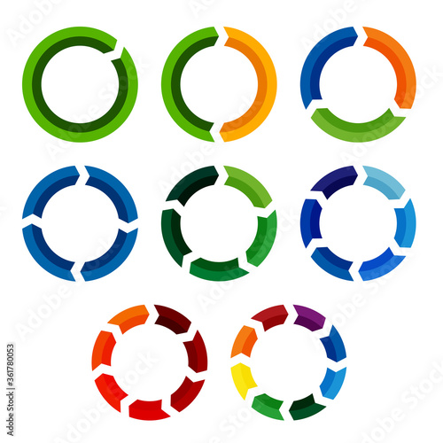circular arrow diagram or circle graph icon set with 1 to 8 segments vector illustration