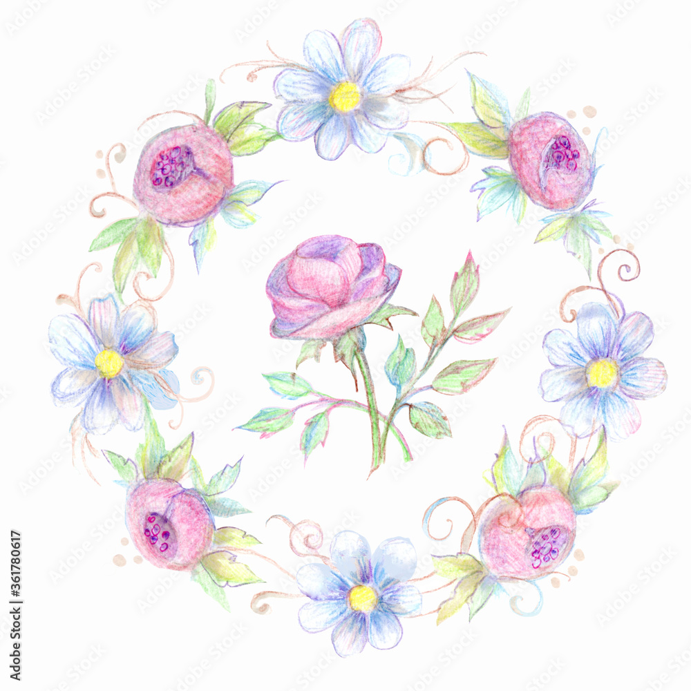 wreath and rose is an element for the decoration of cards and invitations