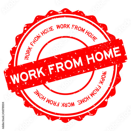 Grunge red work from home word round rubber seal stamp on white background