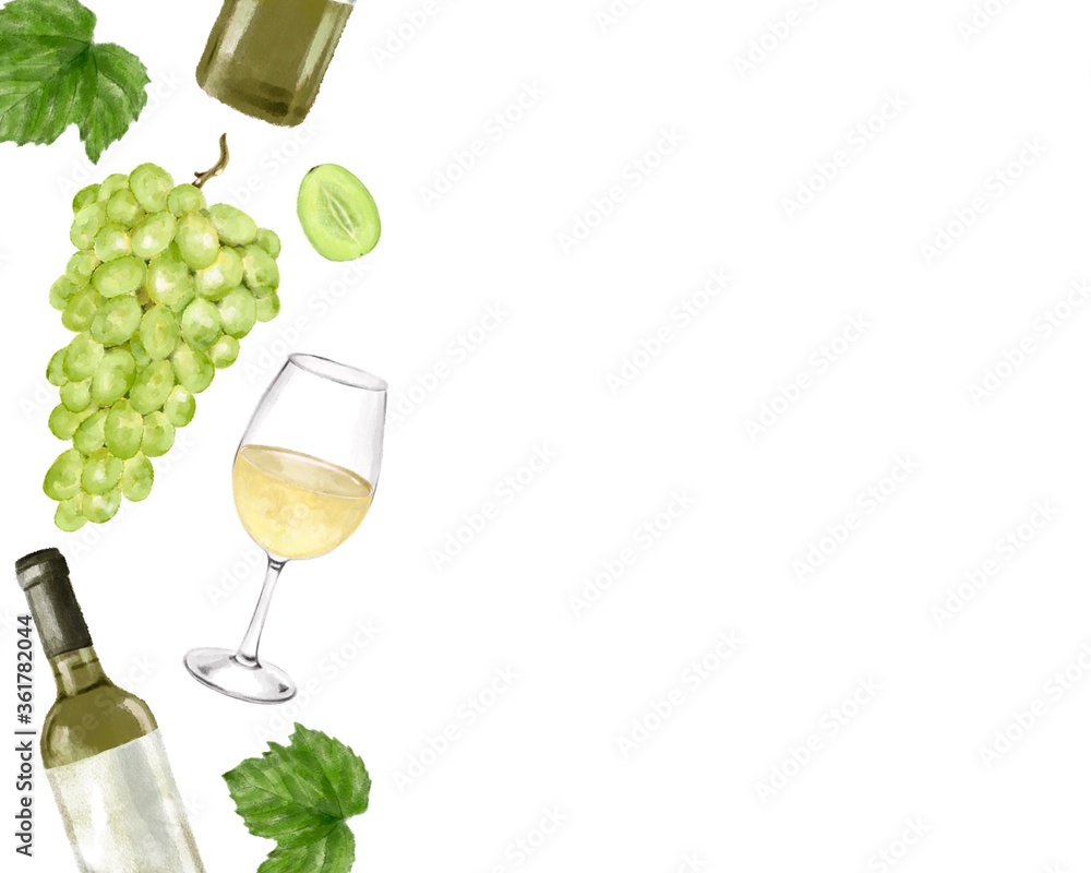 白ワインと葡萄 柄 水彩風イラスト Stock Illustration Adobe Stock