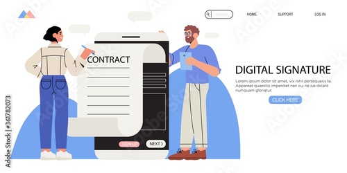 Business woman signing up smart or electronic contract with digital signature on smartphone. Data protection. Privacy policy service banner, flyer, landing page. Settle contract or make deal online.