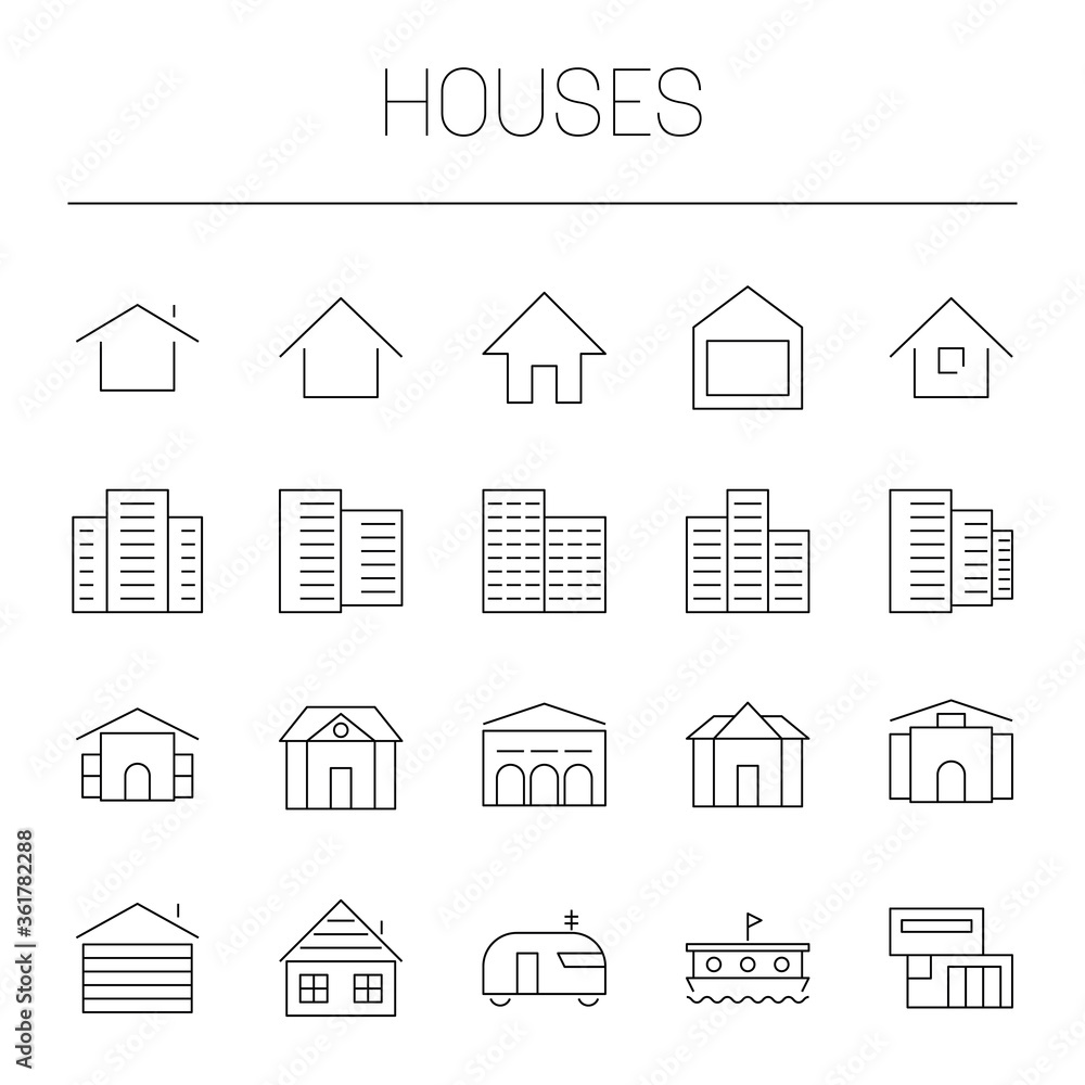 Housing theme - houses, mansions, apartment buildings, cottages. Simple thin line vector icon set