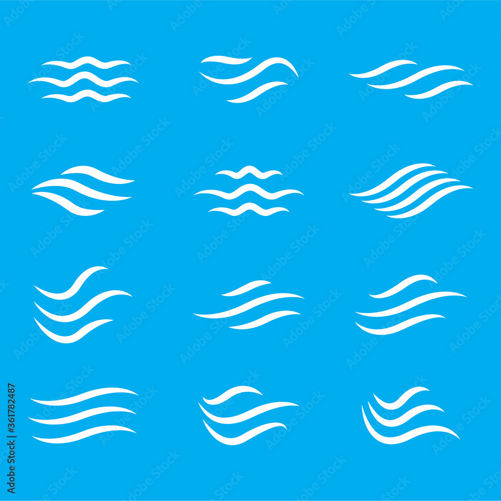 Fototapeta premium Water wave icon set. Vector symbols isolated on blue background. Flat water wave icons for liquid sign, element design and logo template. Line style waves, vector illustration