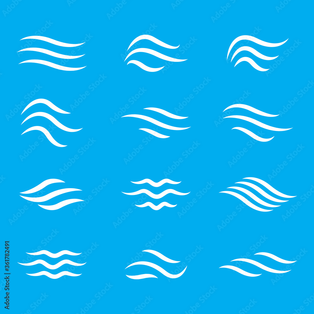 Water wave icon set. Vector symbols isolated on blue background. Flat water wave icons for liquid sign, element design and logo template. Line style waves, vector illustration Water wave icon set. Vector symbols isolated on blue background. Flat water wave icons for liquid sign, element design and logo template. Line style waves, vector illustration