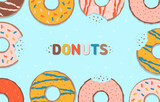 Colorful glazed donuts. Food background with delicious donuts. Vector illustration