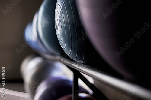 Fitness balls of different colors in gym