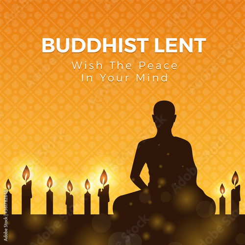 Buddhist lent day with silhouette Meditation and candle light on yellow orange flower cross texture background vector design