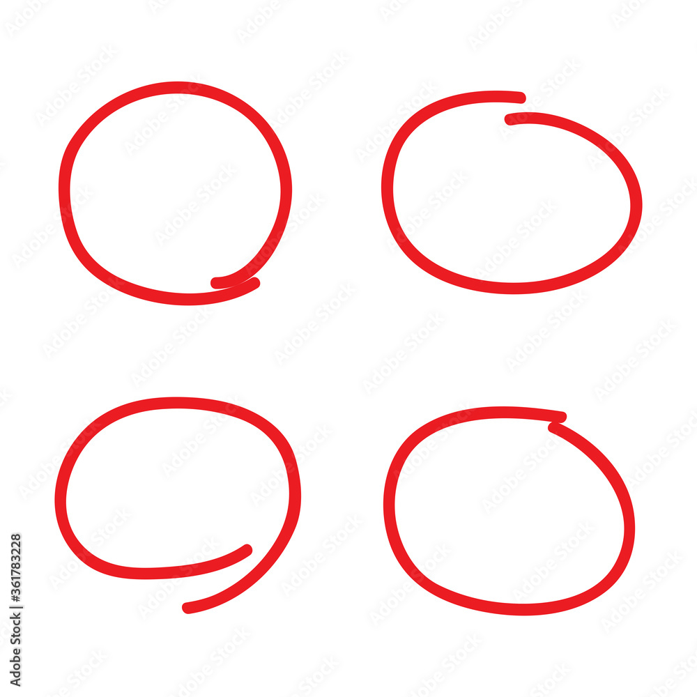 Red circle pen draw set. Highlight hand drawn circle isolated on white background. Handwritten red circle. For marker pen, pencil, logo and text check. Vector illustration Red circle pen draw set. Highlight hand drawn circle isolated on white background. Handwritten red circle. For marker pen, pencil, logo and text check. Vector illustration