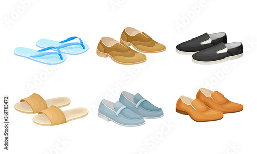 Men Shoes and Loafers Made of Leather and Textile Vector Set