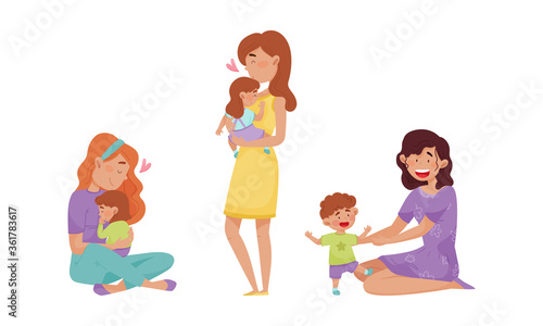 Mother Cradling Child in Arms and Playing Vector Illustrations Set