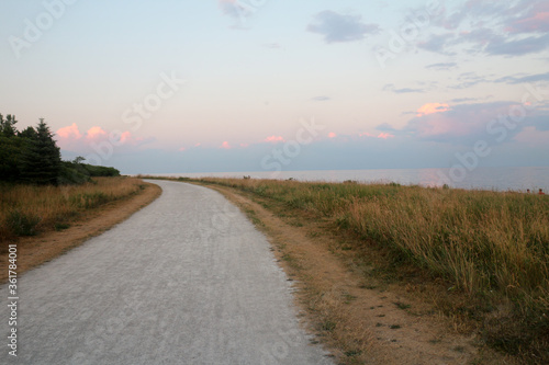 Path in a field by the lake