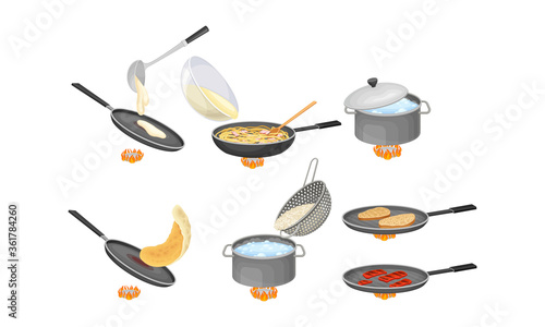 Cooking Process with Boiling Rice and Frying Pancakes Vector Set
