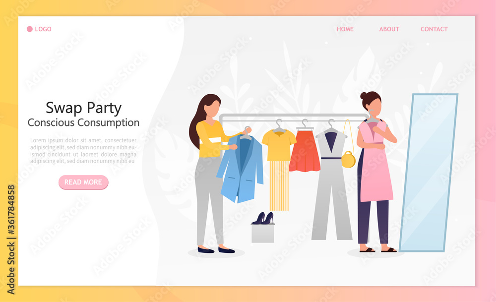 Young beautiful girls at a swap party or flea market. Conscious consumption. Active life position. Clothes donation. Eco lifestyle moving. Perfect for landing or web design. Flat Vector Illustration