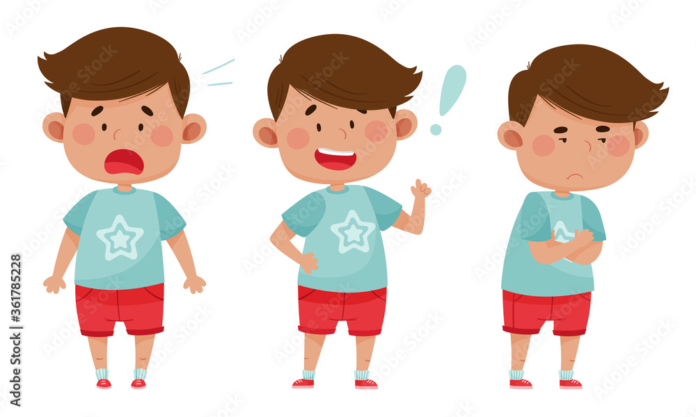 Dark Haired Boy Wearing Red Shorts Showing Different Emotions Vector Illustration Dark Haired Boy Wearing Red Shorts Showing Different Emotions Vector Illustration