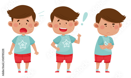 Dark Haired Boy Wearing Red Shorts Showing Different Emotions Vector Illustration