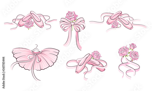 Ballet Accessories with Tutu Skirt and Pair of Pointe-shoes Vector Set