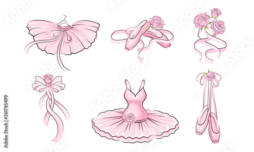 Ballet Accessories with Tutu Skirt and Pair of Pointe-shoes Vector Set