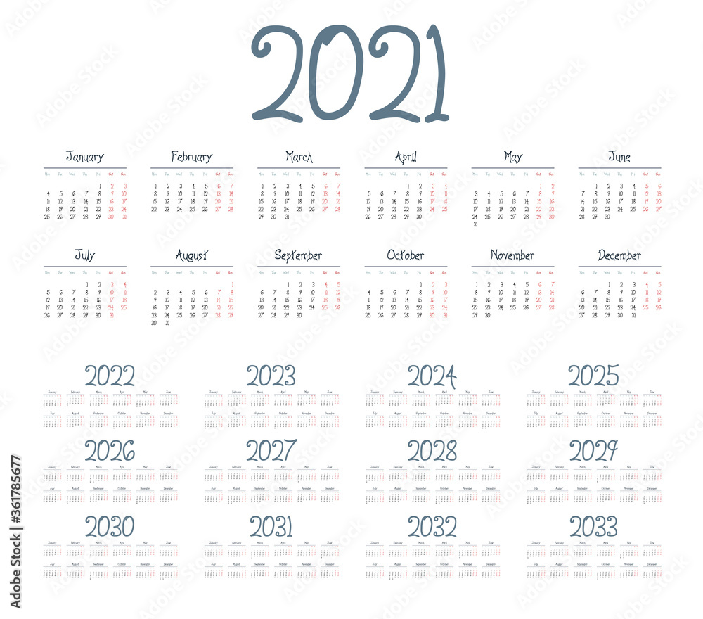 Simple calendar 2021 - 2033 on white background. Vector illustration Simple calendar 2021 - 2033 on white background. Vector illustration