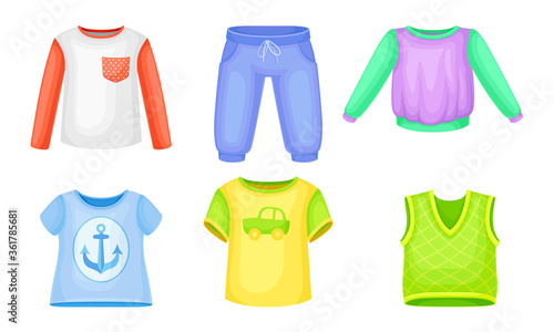 Clothes for Boys with Vest and Sweatshirt Vector Set